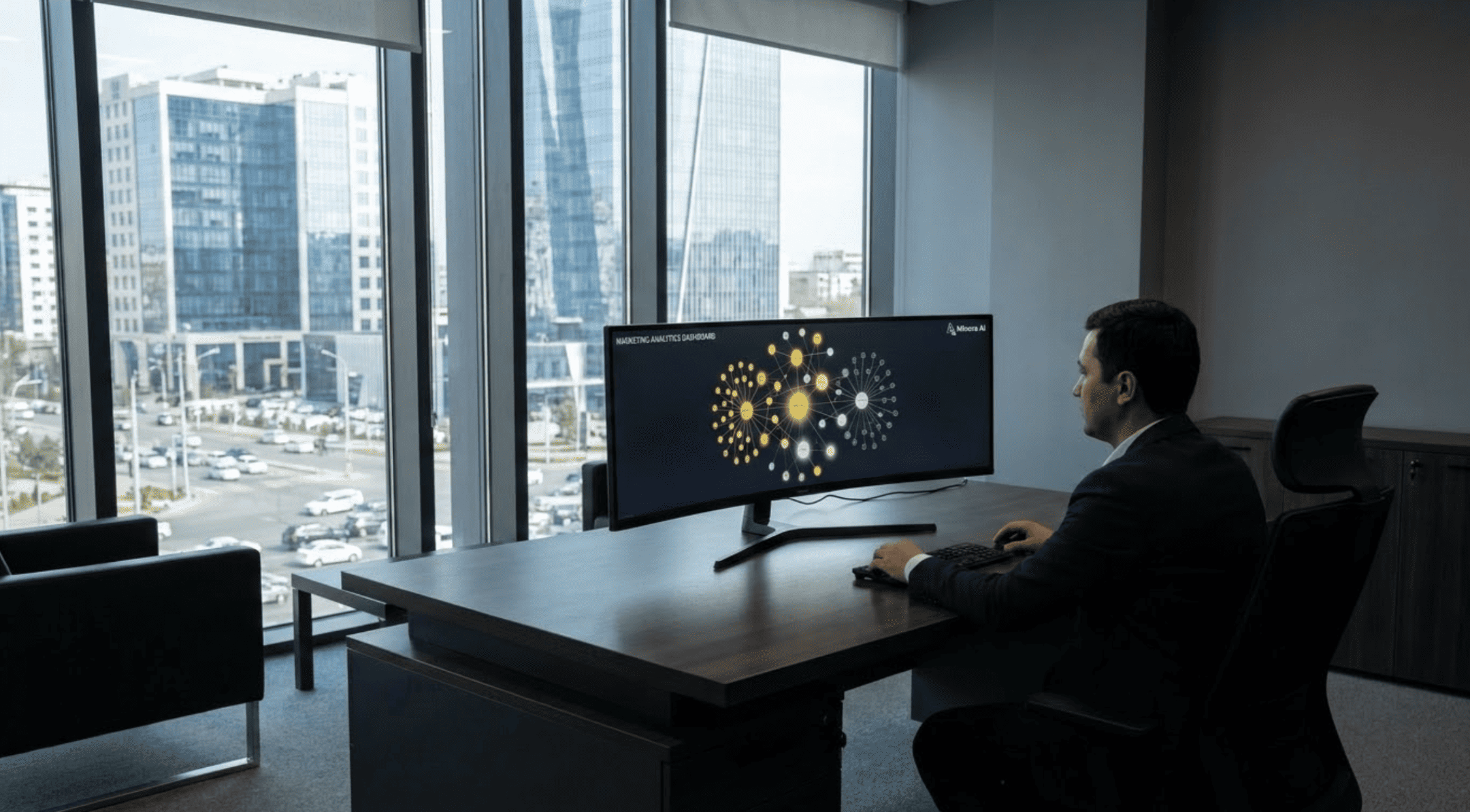 Enterprise CMO in a Tashkent office reviewing a fragmented multi-channel attribution dashboard showing the gap between visible and actual buyer touchpoints.