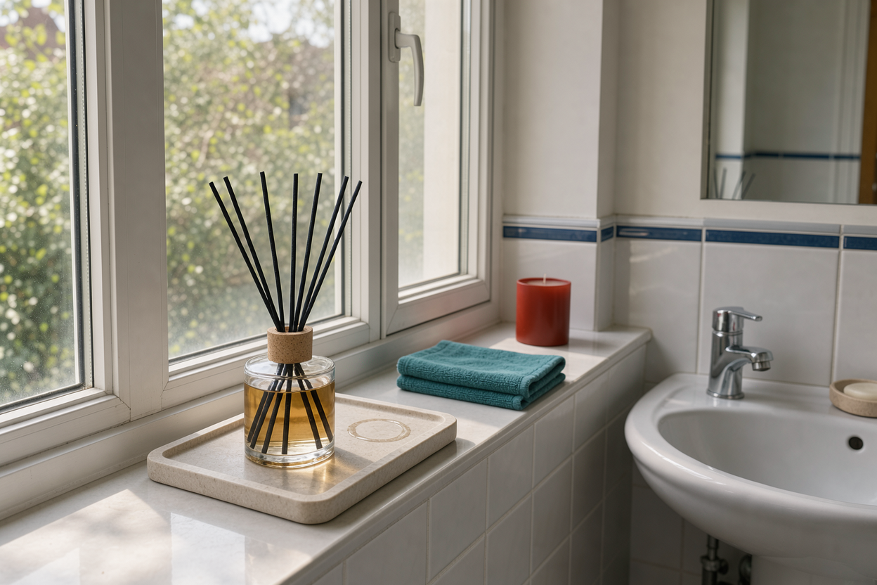 reed diffuser placed on a protected surface in a bright bathroom near a window, gentle sunlight, no branded items