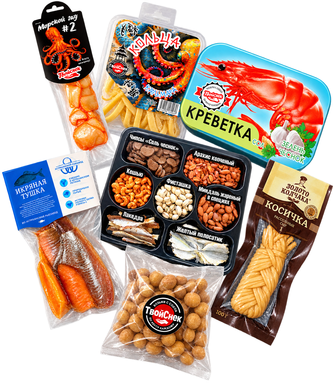 Реальный ассортимент ТвойСнек: рыба, морепродукты, сыр и орехи