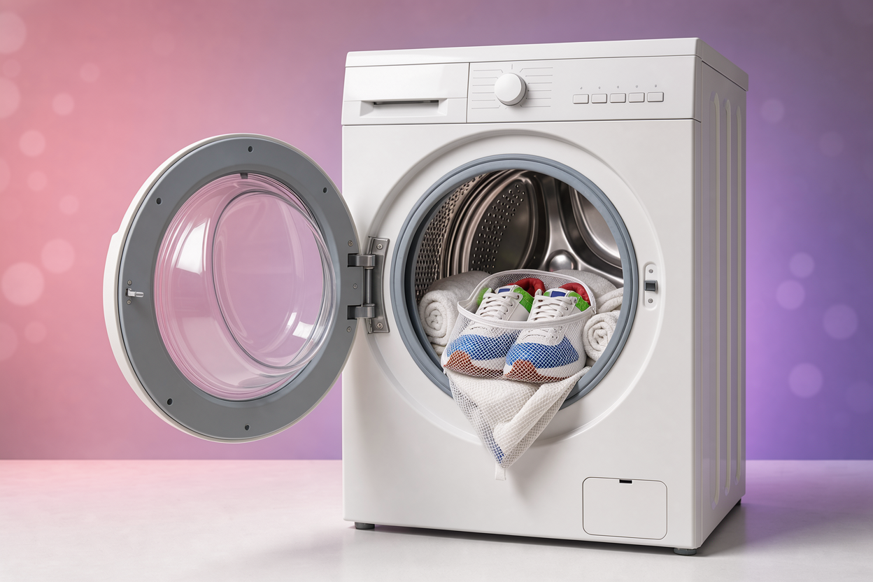 front-loading washing machine door open with a mesh laundry bag containing sneakers and several towels around to cushion, interior of drum visible