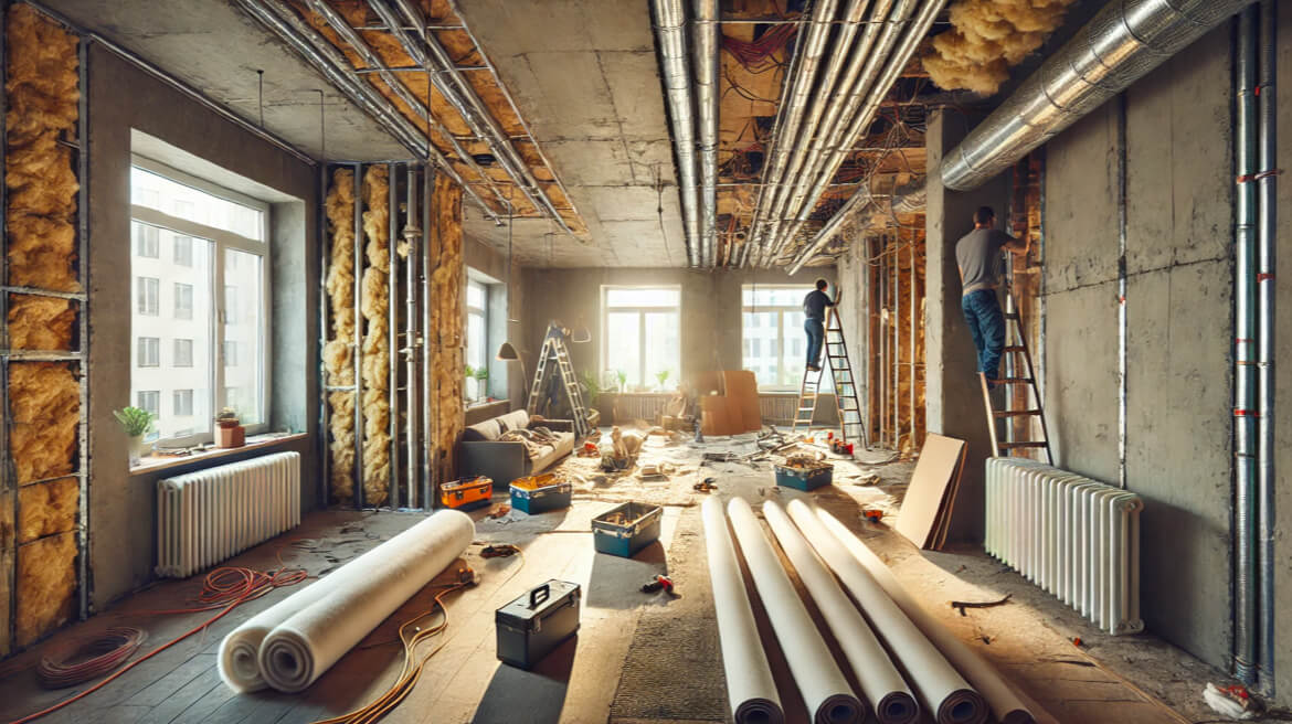 Construction workers are removing old radiators, insulating the walls, and partially moving out furniture. Tools are scattered on the floor, with exposed pipes and wiring emphasizing the scale of the ongoing work.