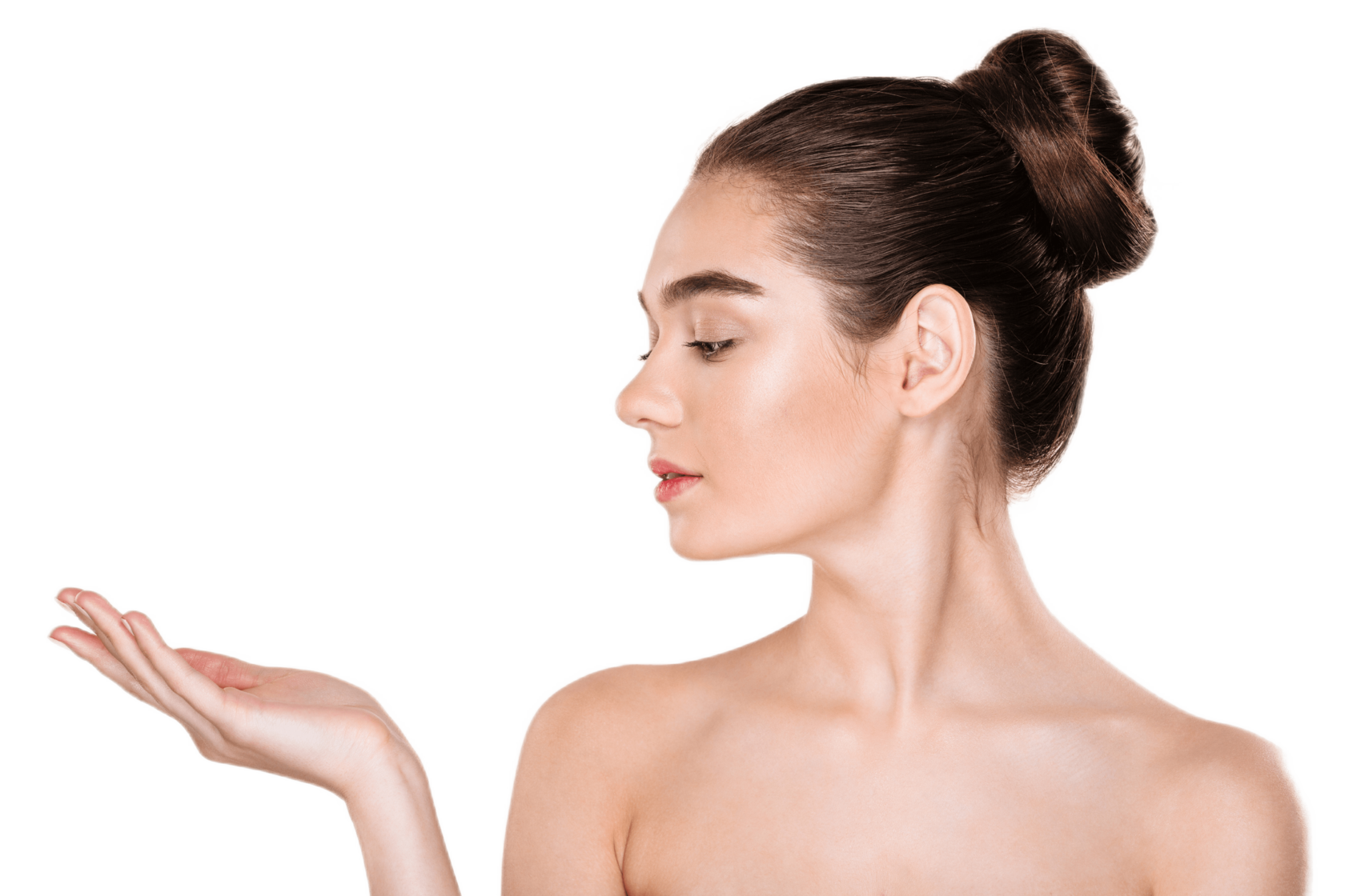 Fresher skin. Portrait in profile of beautiful young woman having Fresh Skin posing showing product on her Palm copy Space free photo.