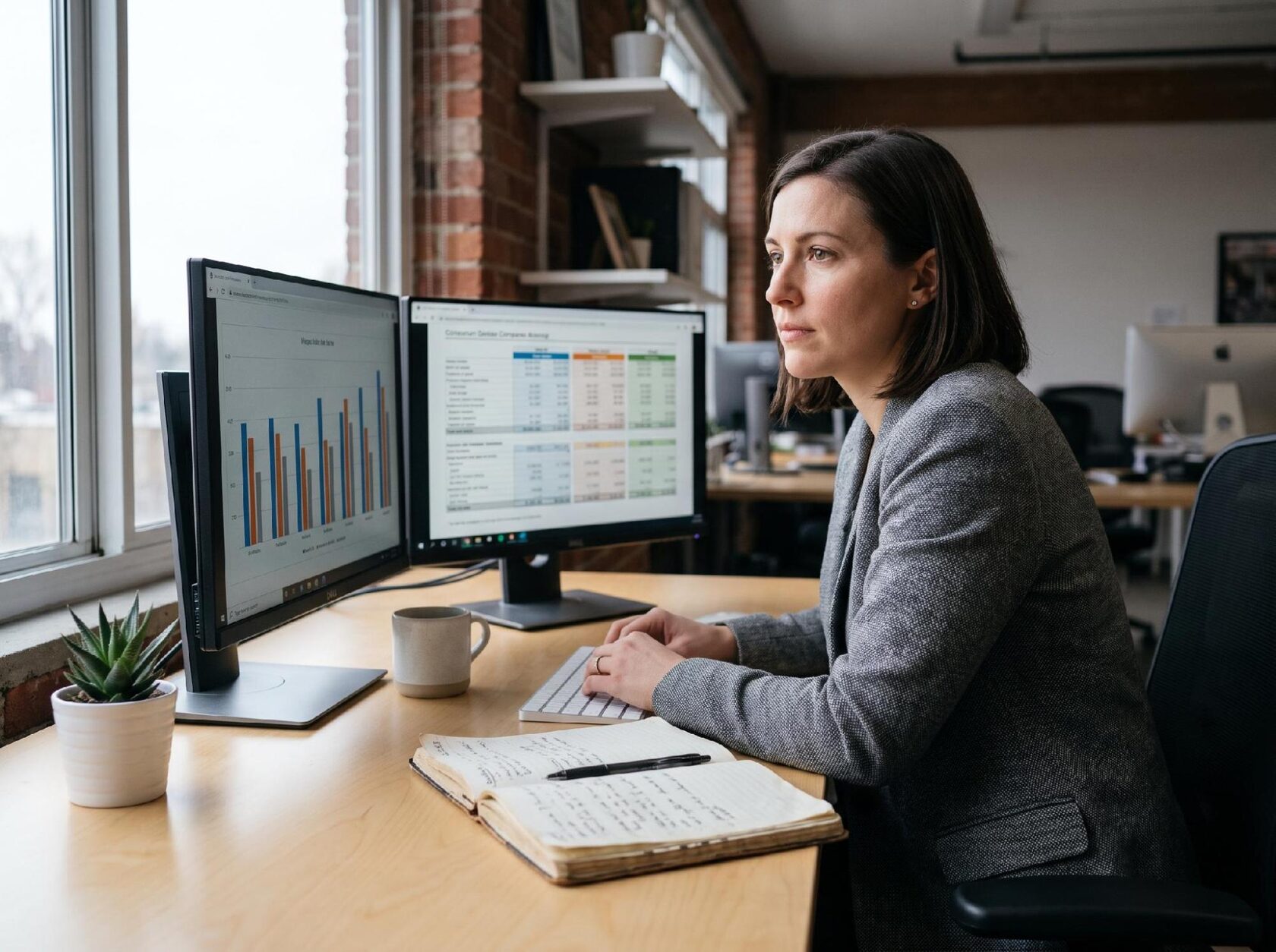 Business analyst comparing market data on dashboards
