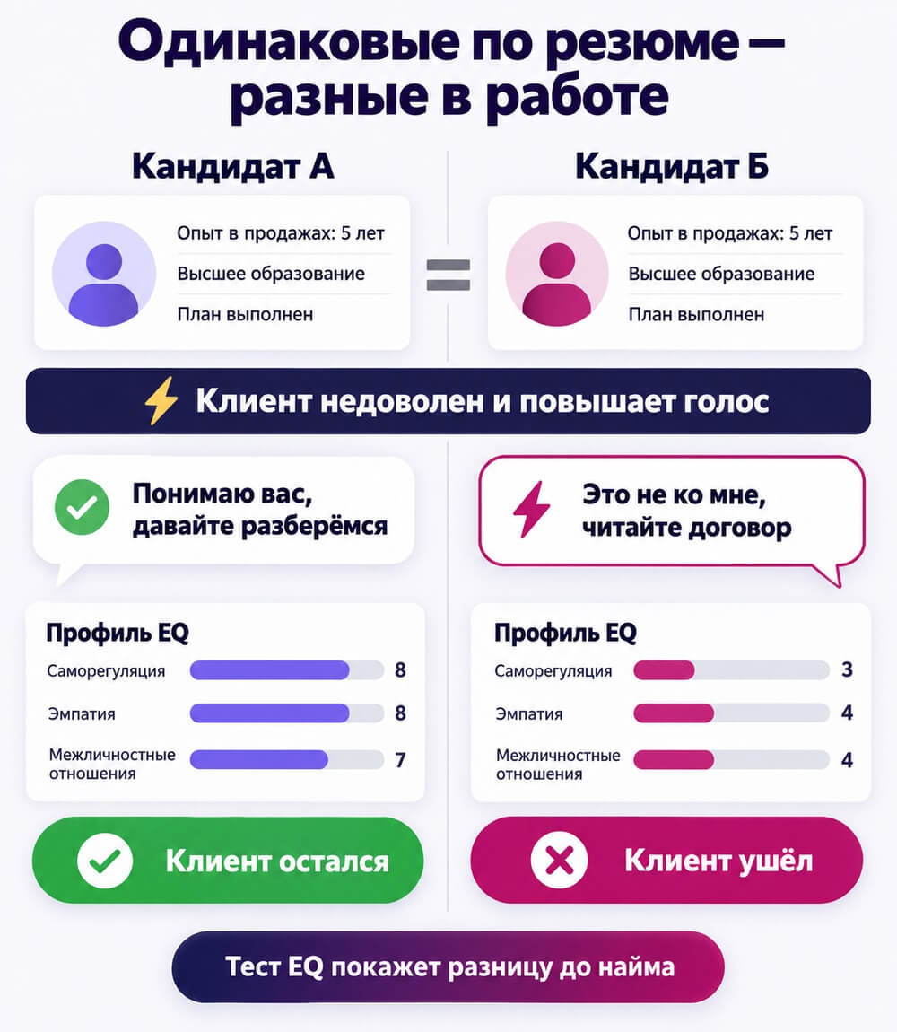 Инфографика: два кандидата с одинаковым резюме по-разному реагируют на недовольного клиента — один удерживает клиента, другой теряет; разницу объясняют саморегуляция, эмпатия и межличностные отношения в тесте EQ