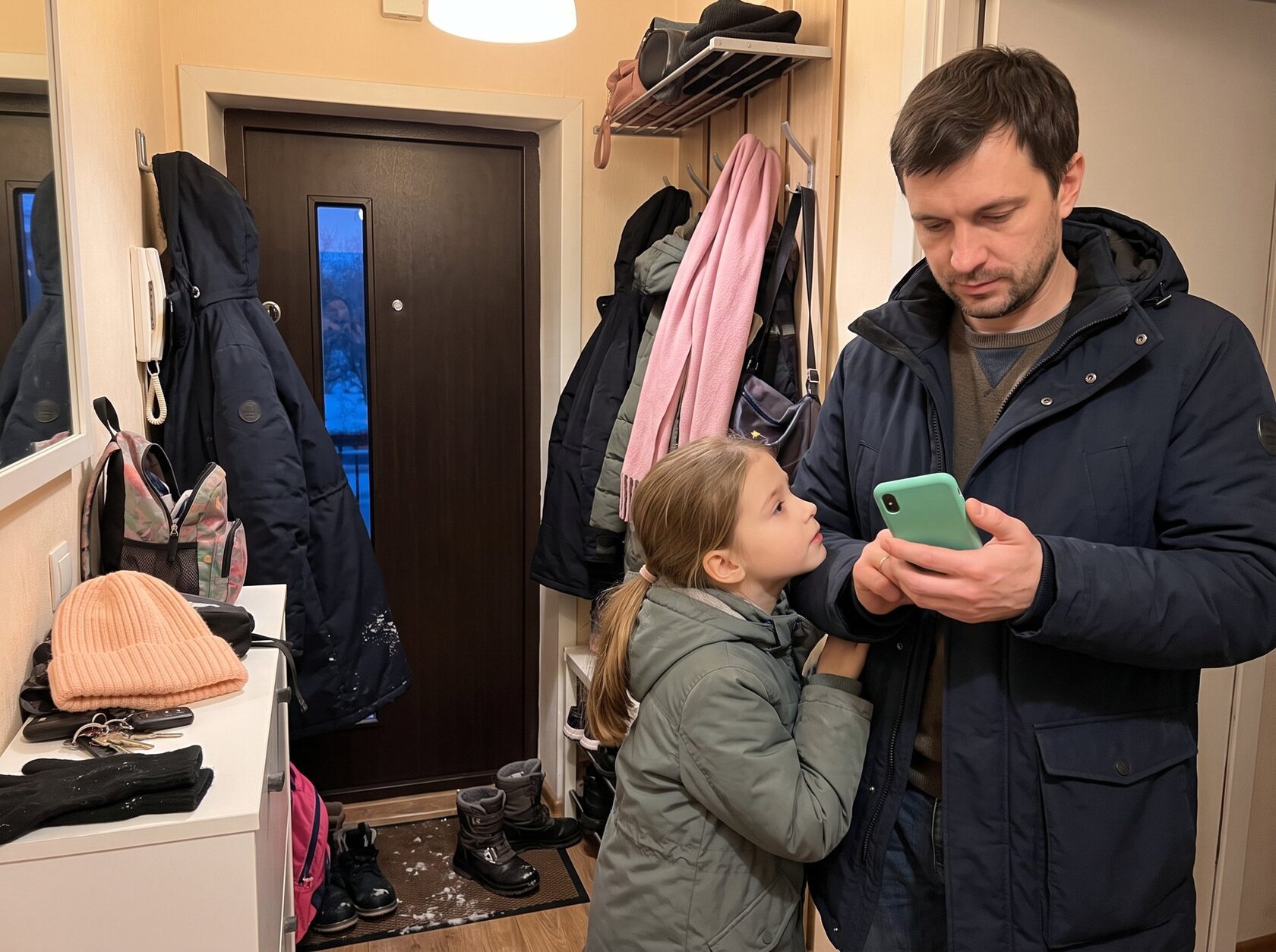 Папа с дочкой в прихожей вместе смотрят приложение на телефоне