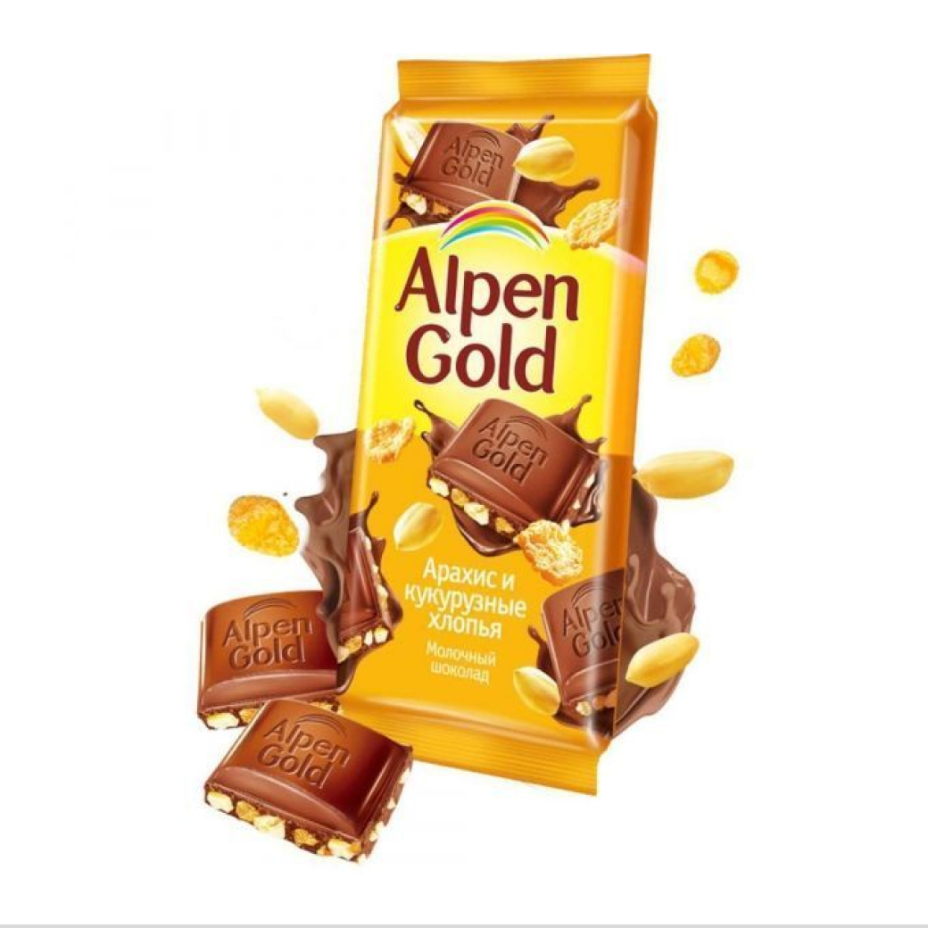 Шоколад Alpen Gold молочный арахис и кукурузные хлопья 85гр