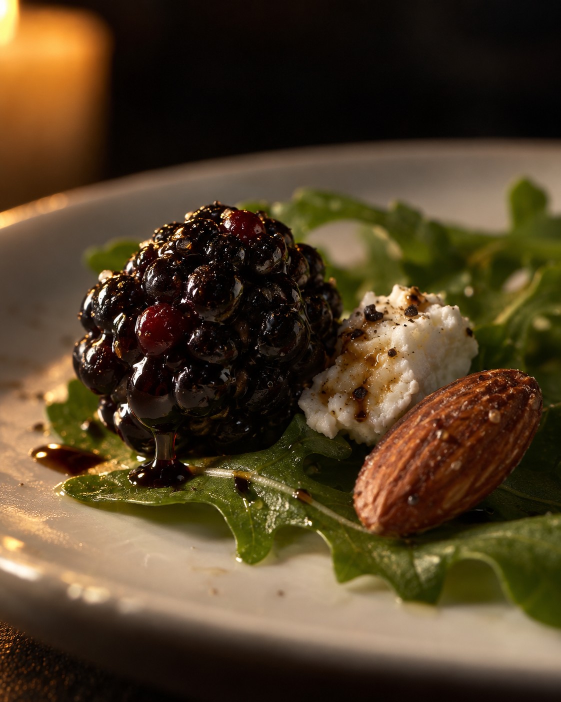 A blackberry, a piece of goat cheese and a smoked almond on an arugula leaf with a drop of balsamic dressing, close up