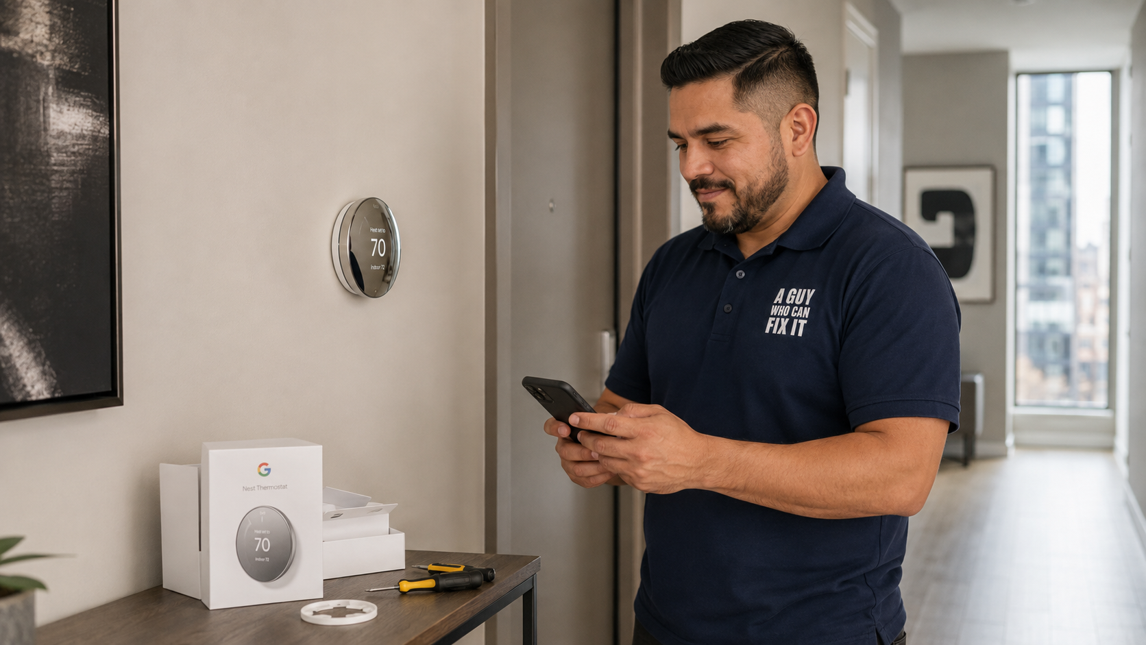 Smart thermostat installation illustration in a Manhattan apartment