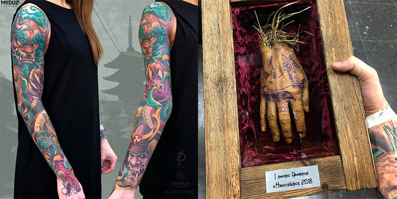 Full-color neo-oriental style full-arm tattoo (sleeve) featuring a turquoise Fu lion, a helmeted Japanese samurai, and a red serpent/dragon, by Rinat Tattarin Mingazdinov, Los Angeles, West Hollywood