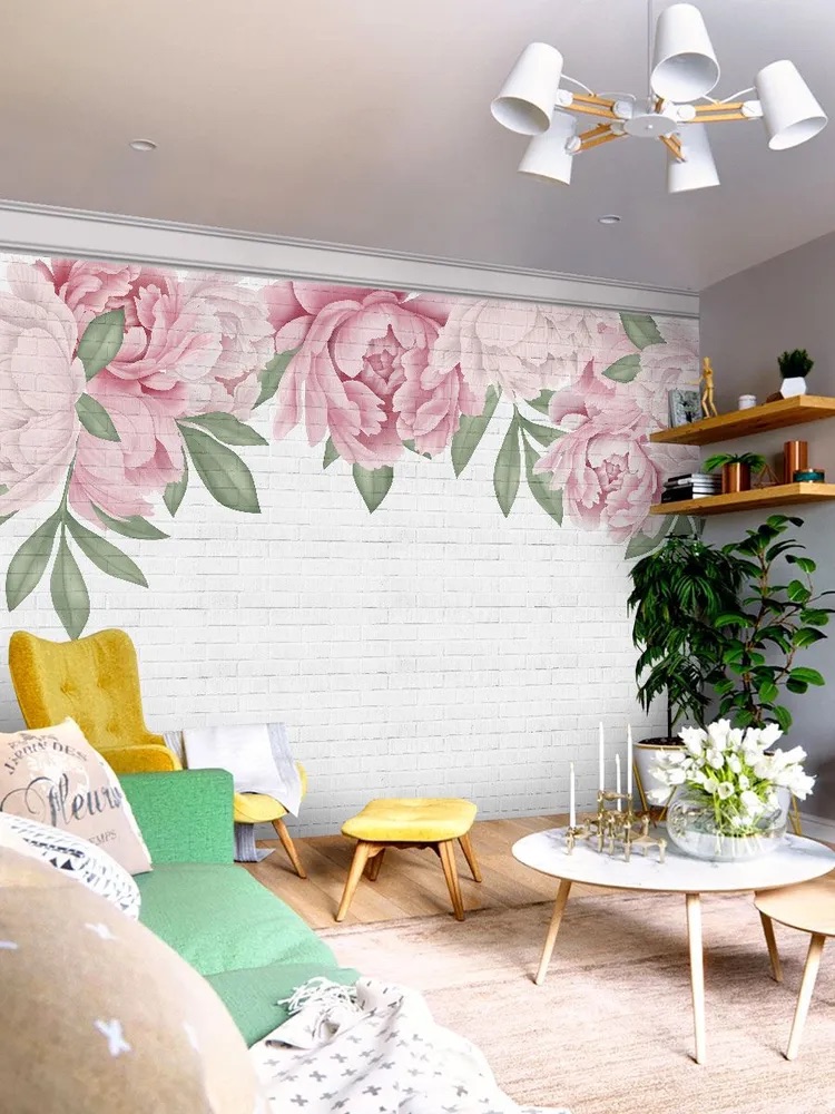 Обои с пионами на кирпичной стене в интерьере