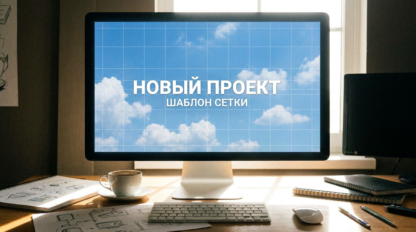 Яркий экран монитора с открытым пустым стартовым шаблоном программы