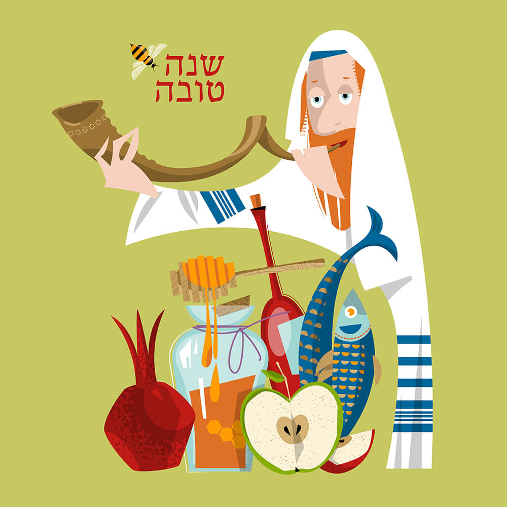 Еврей в талите трубит в шофар на празднике Рош ха-Шана