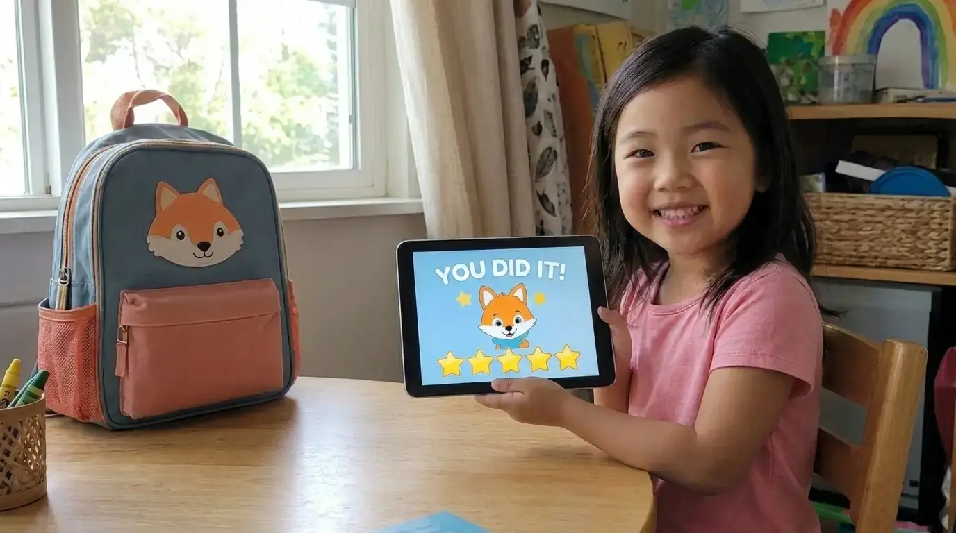 Child completing a kindergarten prep quest with Kevin the Fox on a tablet — learning apps for 4 year olds