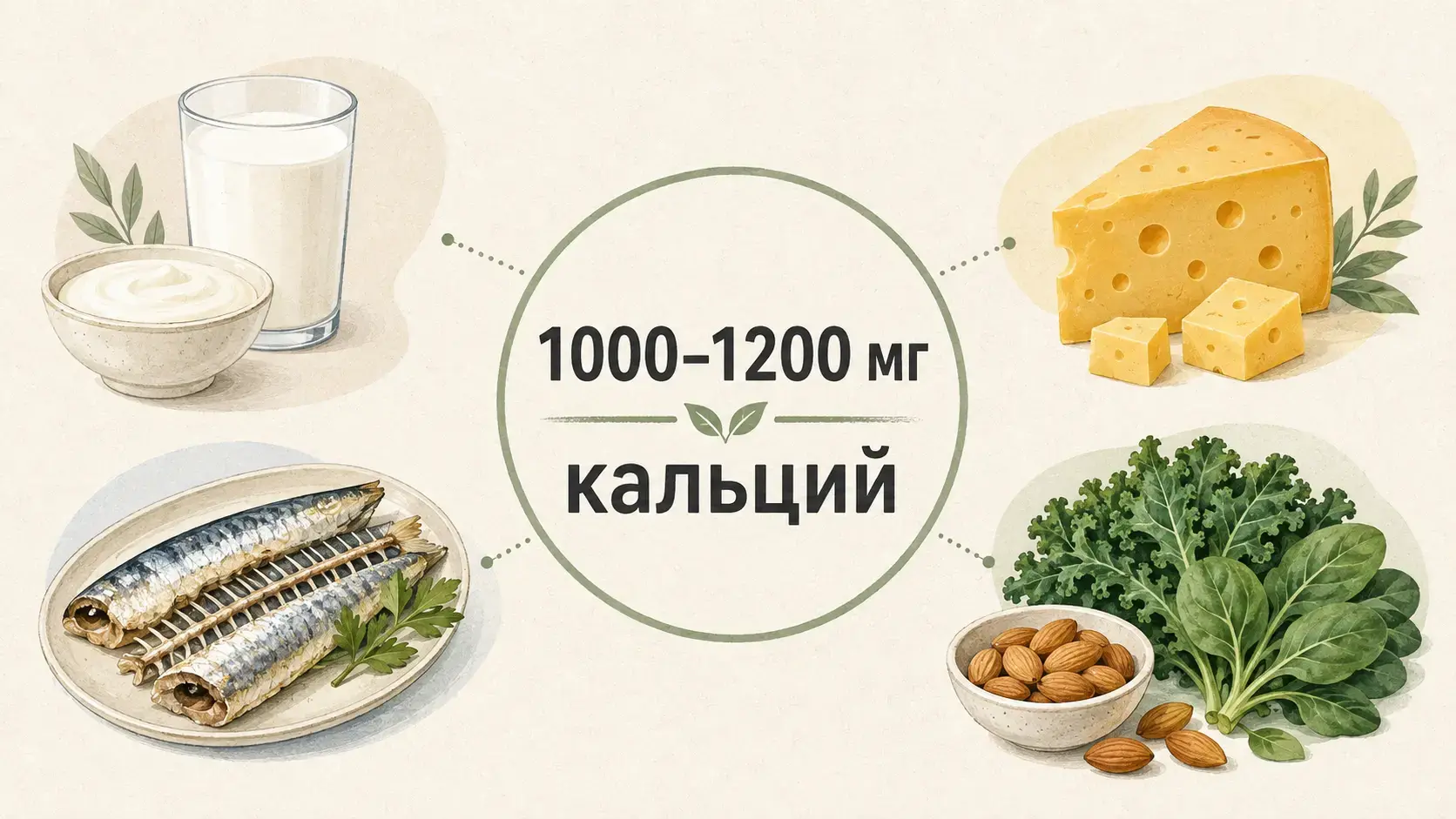 Инфографика: ориентир 1000–1200 мг кальция и пищевые источники