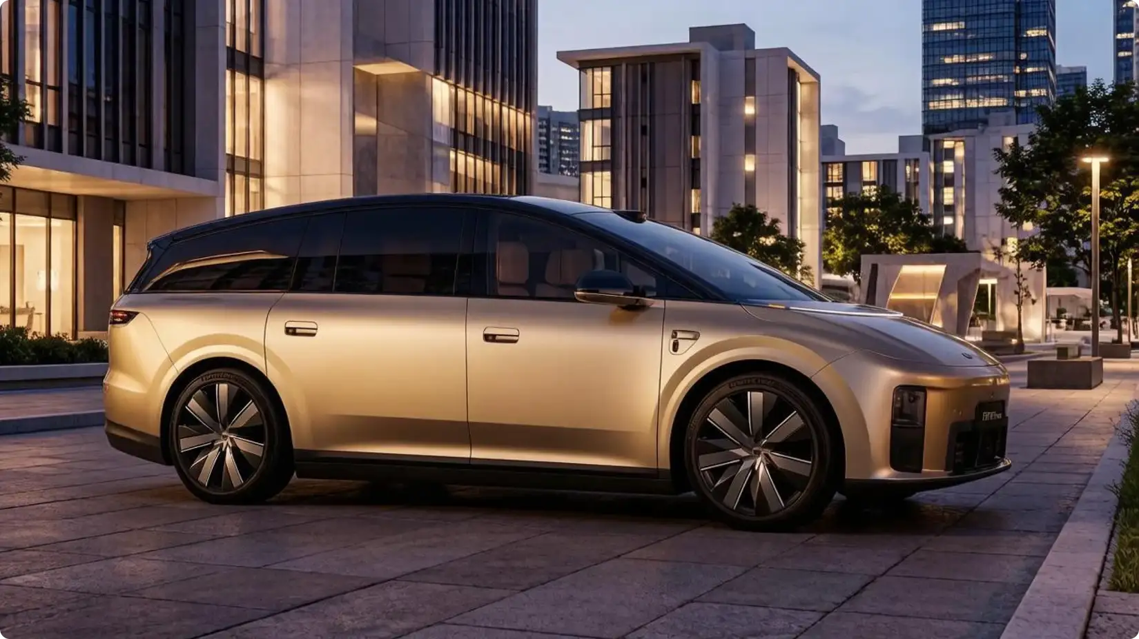 Li Auto i9: флагманский электрокроссовер в золотистом цвете, вид сбоку