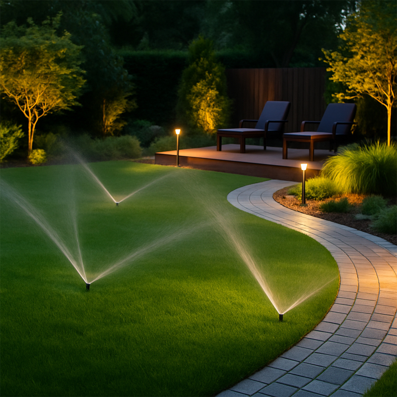 Ландшафтный участок с включённой системой автополива, дорожным освещением и надписью «Инженерные коммуникации на участке: Комплексный подход к автополиву, дренажу и освещению».