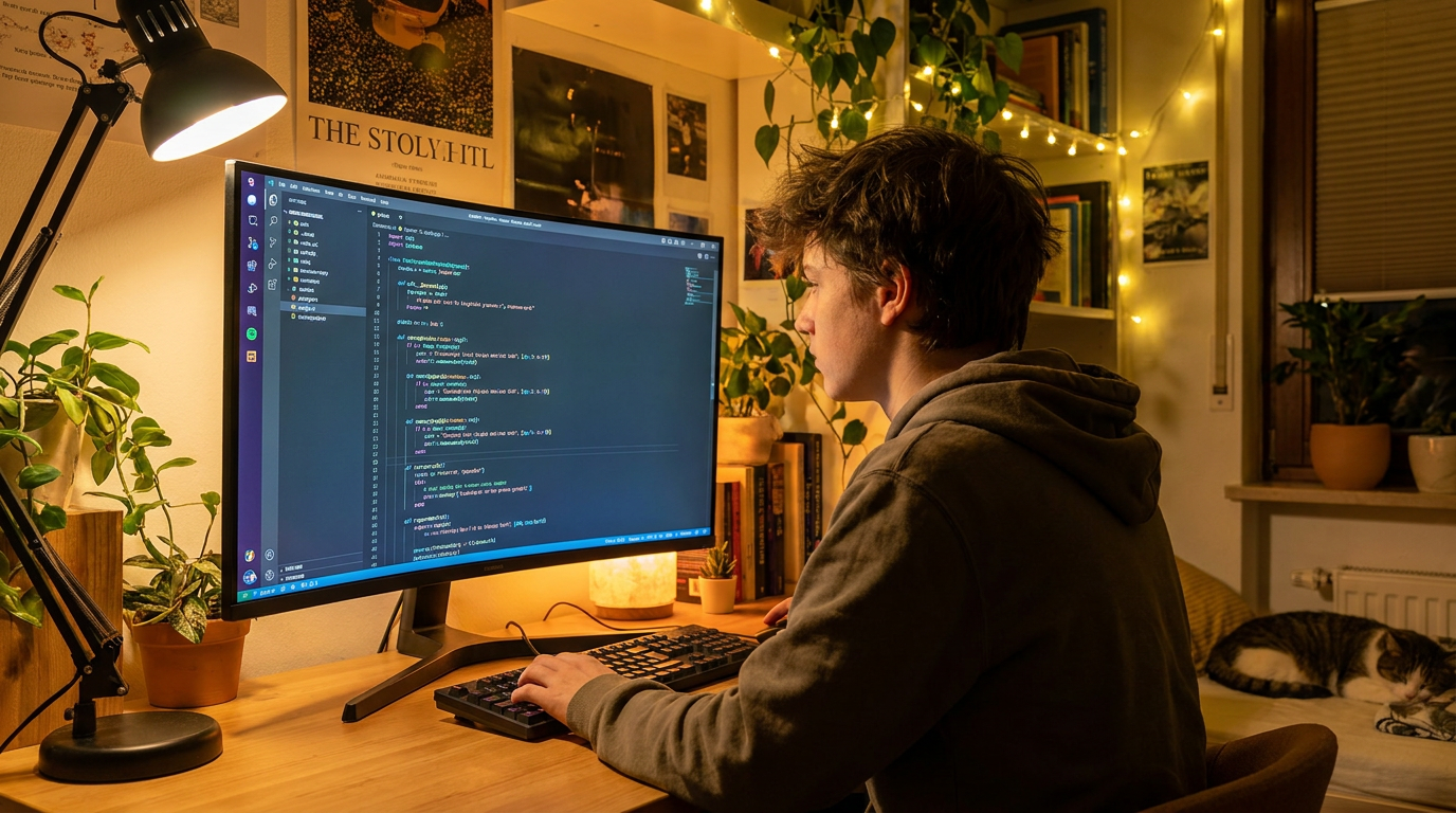 Подросток за компьютером пишет код на Python для подготовки к ОГЭ