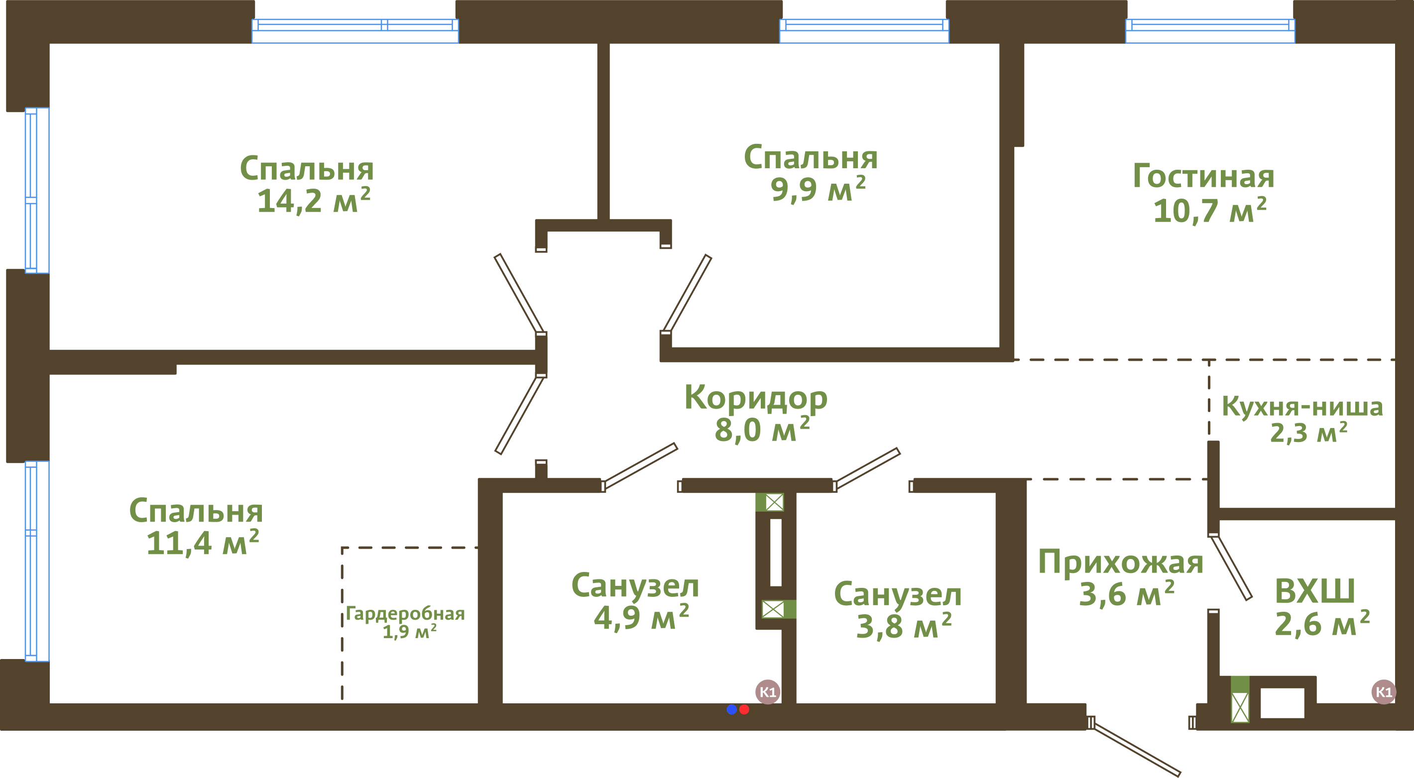 Планировка 4-комнатной квартиры 73,30 м²