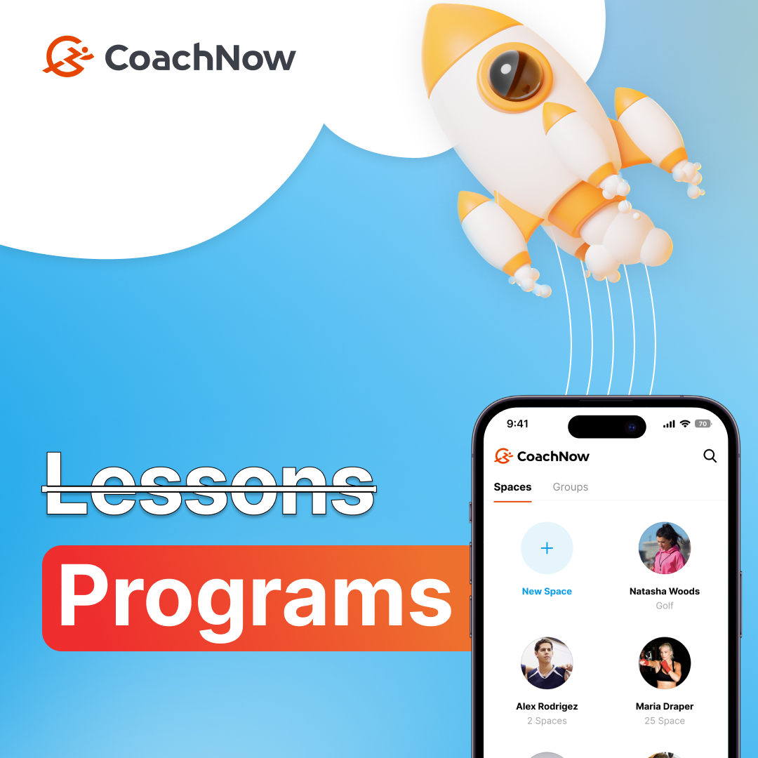 CoachNow sell programs, not lessons. iPhone showing coachnow spaces with a rocket flying out