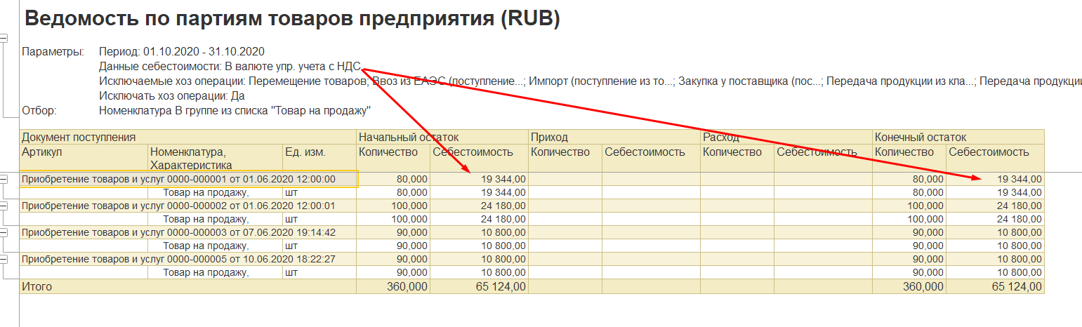 1С Комплексная автоматизация 2: Отчет Ведомость по партиям товаров предприятия с НДС