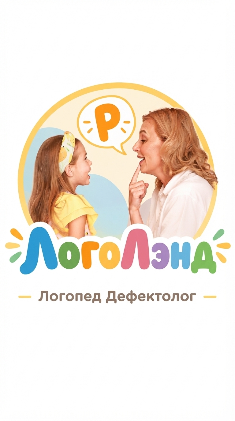 Логотип ЛогоЛэнд — логопед дефектолог: иллюстрация с педагогом и ребёнком, разноцветная надпись ЛогоЛэнд