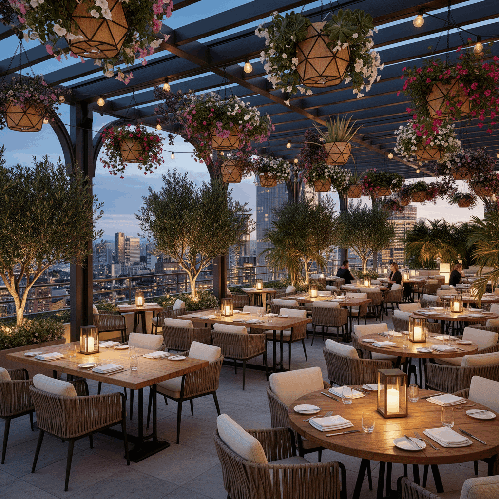 подвесные кашпо с растениями на террасе ресторана