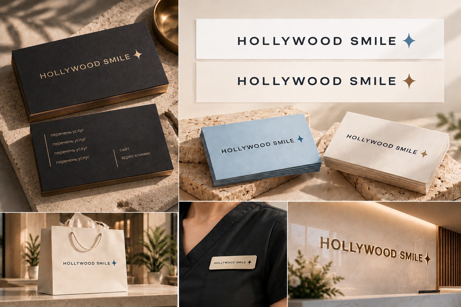 Логотип Hollywood Smile на визитках, пакете, бейдже и вывеске