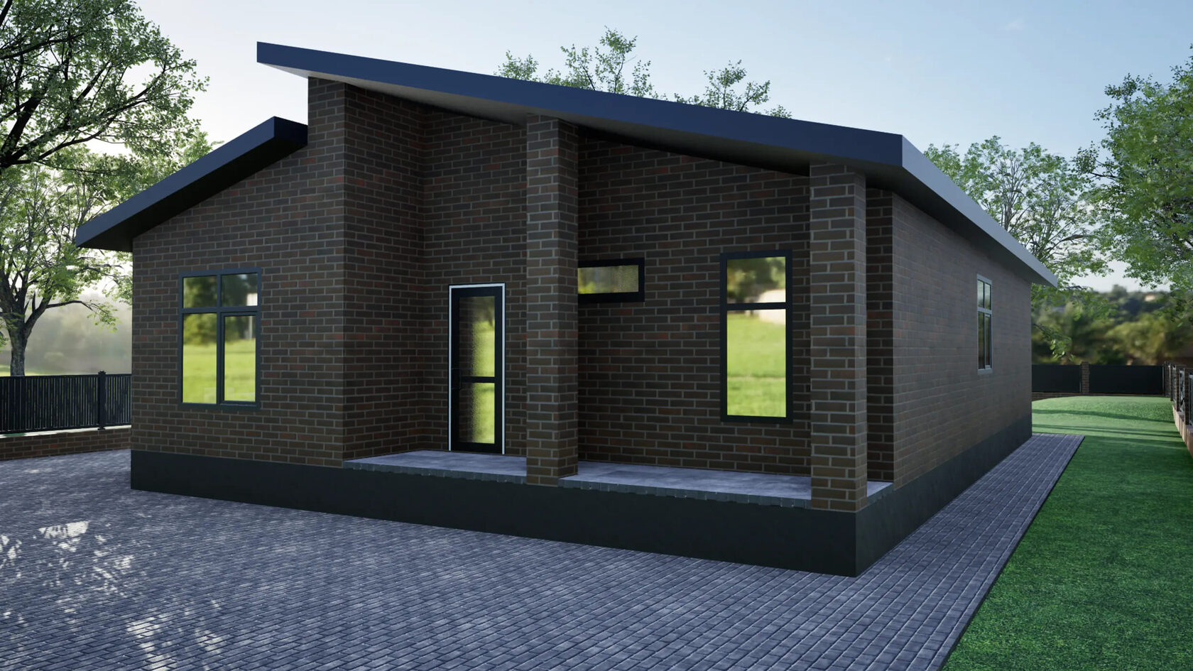 Одноэтажный дом в Ставрополе из темного кирпича с разноуровневой крышей и большими окнами