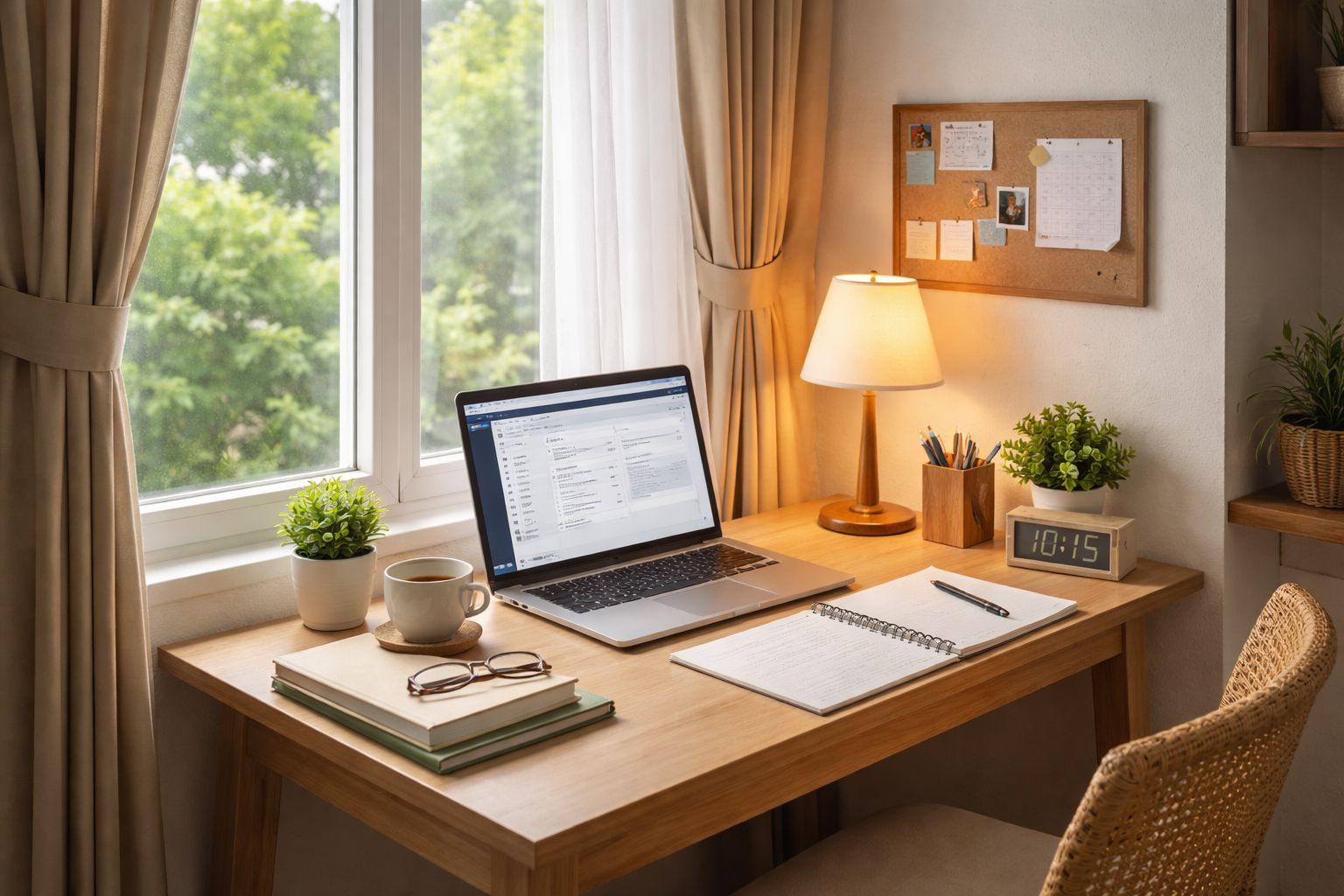 Meja kerja kecil dekat jendela dengan lampu meja hangat dan pencahayaan seimbang untuk home office nyaman