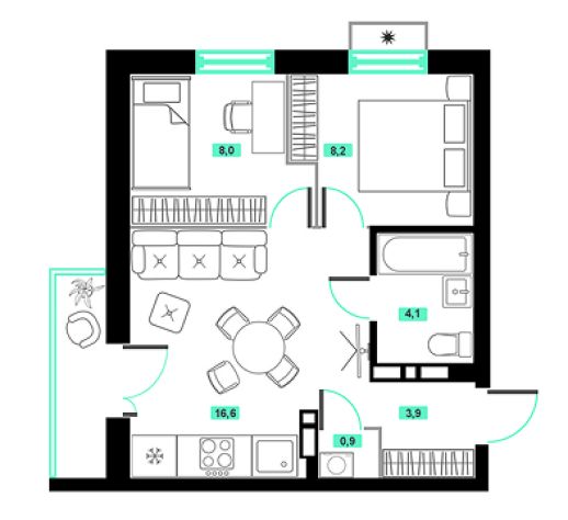 Евро-3-комн 42 м²