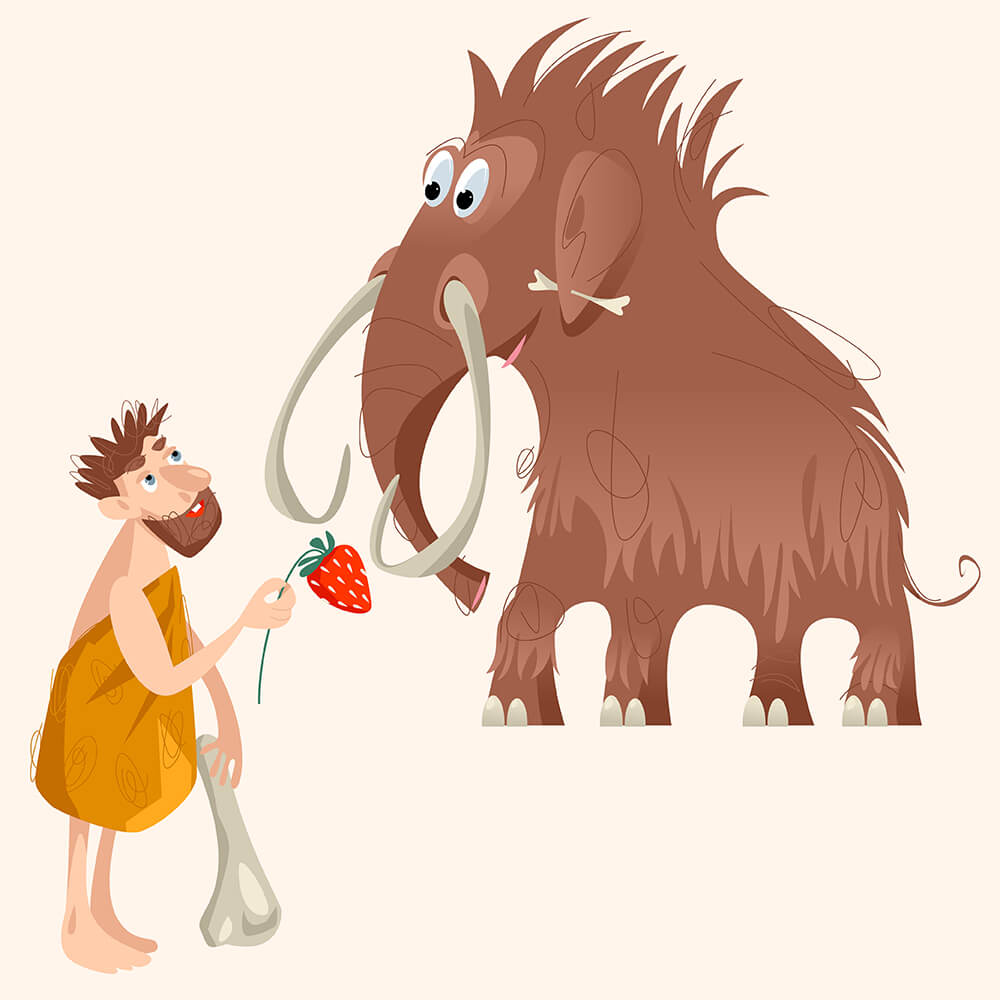 Первобытный человек дарит гигантскую ягоду клубники мамонту