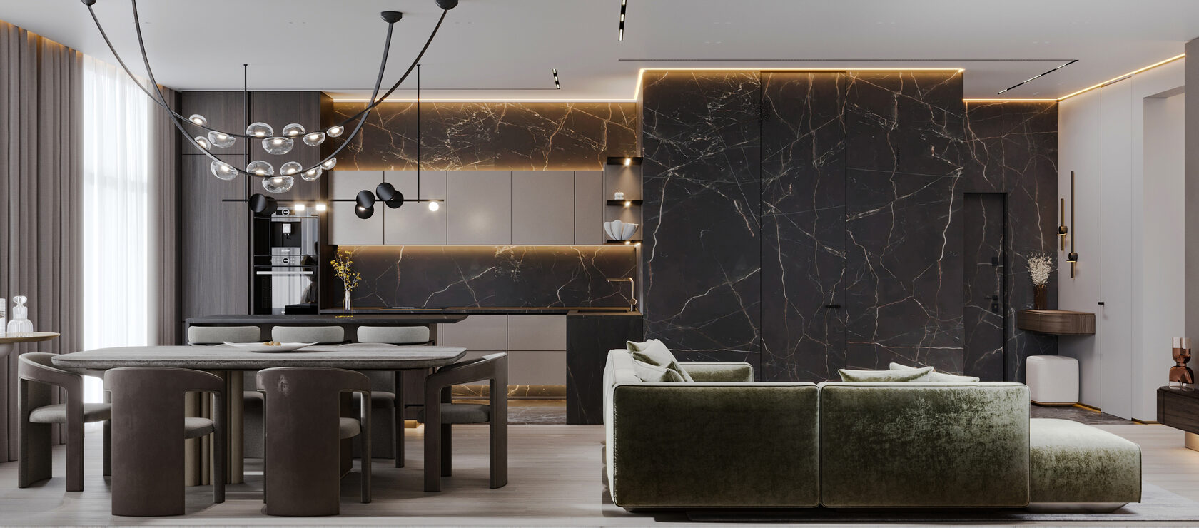 Дизайн интерьера кухни-гостиной холостяка с подвесной кухней, камином и кожаными акцентами