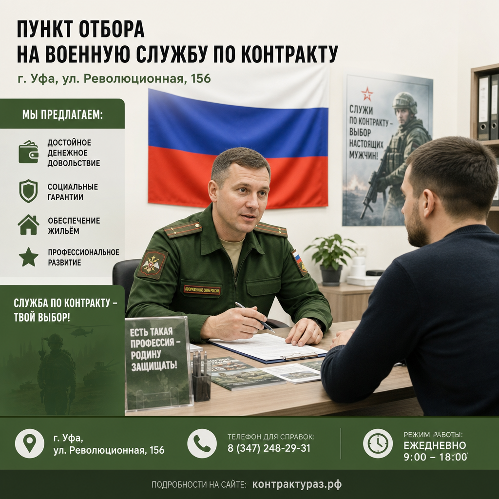 Офицер-куратор в пункте отбора на контракт в Уфе беседует с кандидатом — стол с документами, флаг России на стене, спокойная рабочая атмосфера, человеческий диалог