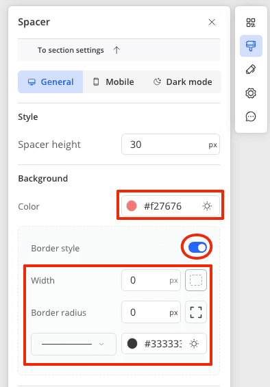 Edit the color and border style for spacer