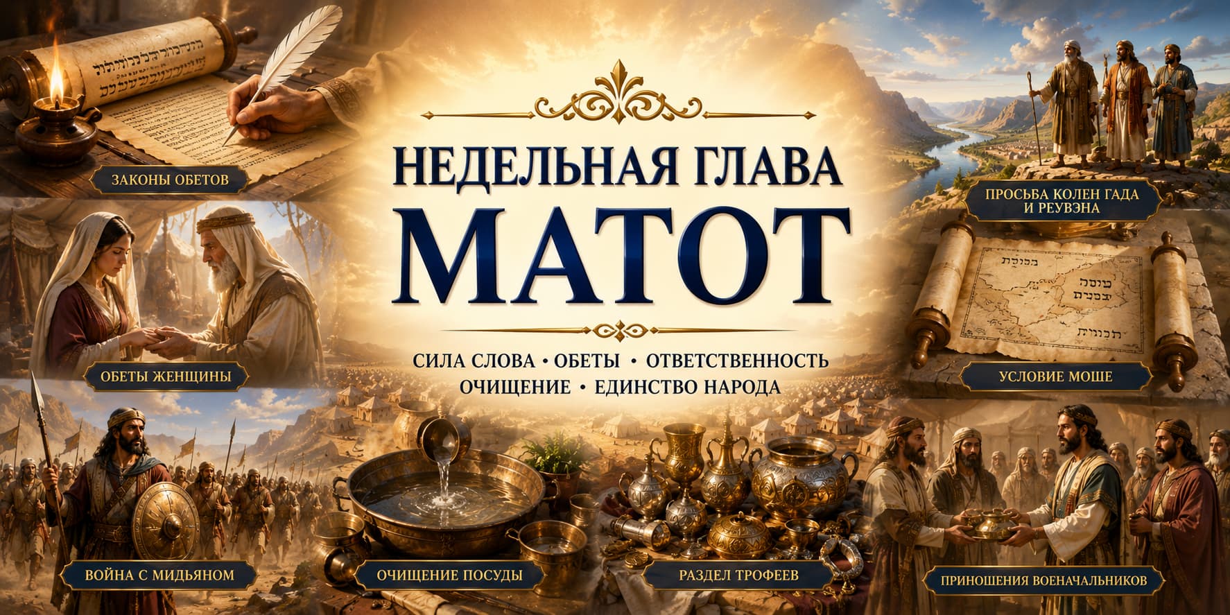 Иллюстрация к недельной главе Матот. Изображение включает основные события главы: законы обетов обеты женщины войну с Мидьяном очищение посуды раздел военных трофеев приношения военачальников просьбу колен Гада и Реувена и условия поставленные Моше.