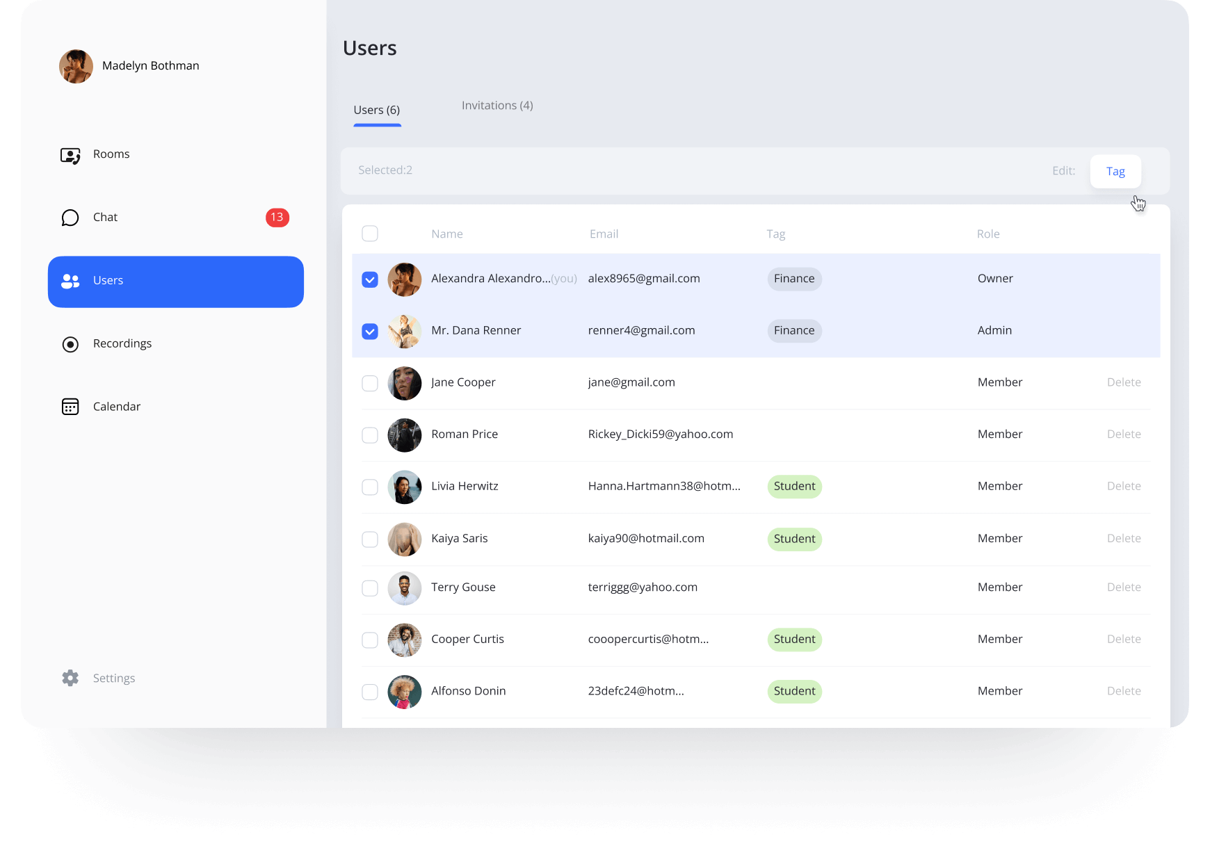управление пользователями видеоконференции