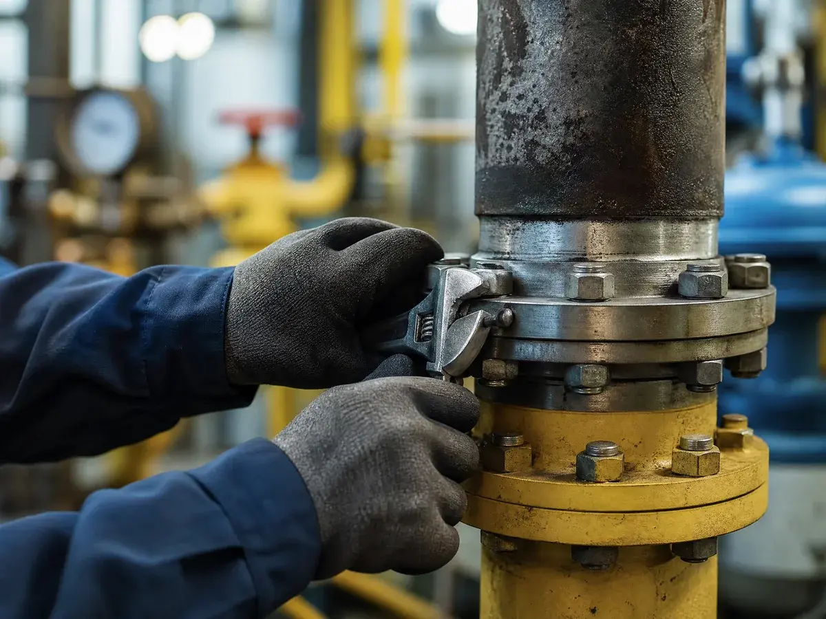 Плановое техническое обслуживание газовой котельной — работа с фланцевым соединением