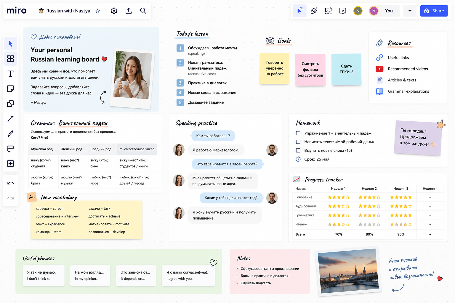 Example of a personal Russian learning board in Miro