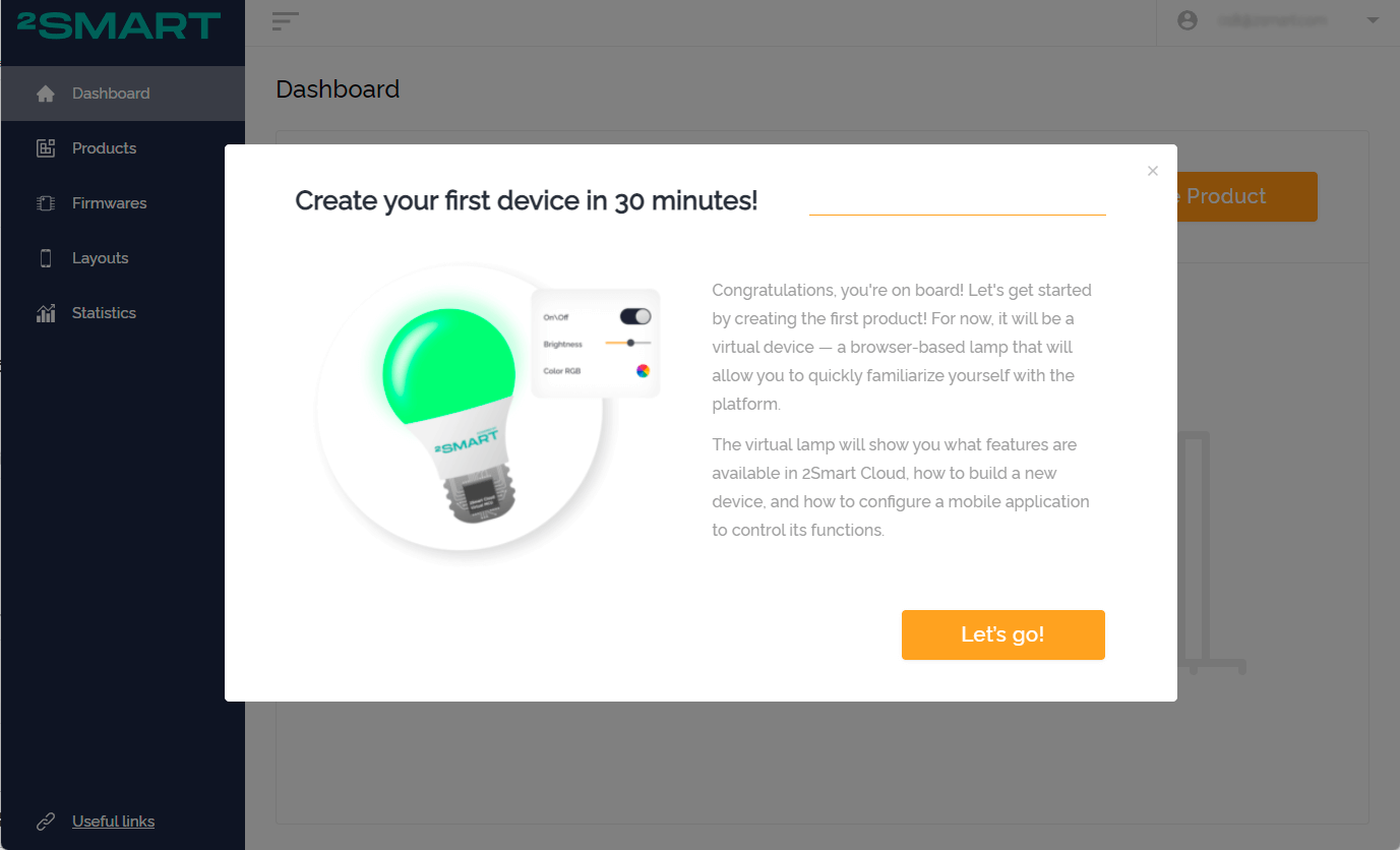 New user welcome screen with an offer to create a test virtual product
