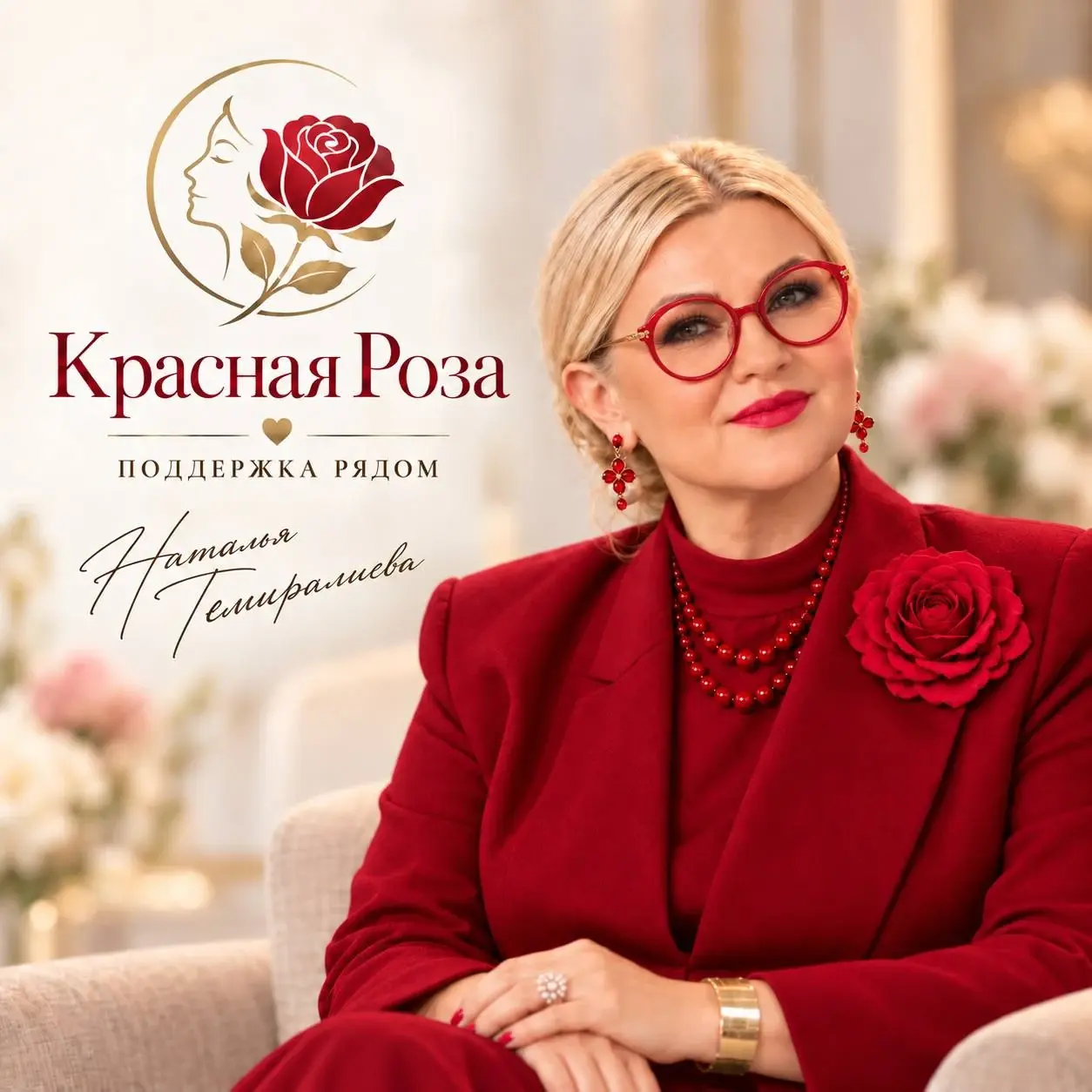 Наталья Темиралиева в красном костюме — основатель проекта «Красная Роза»