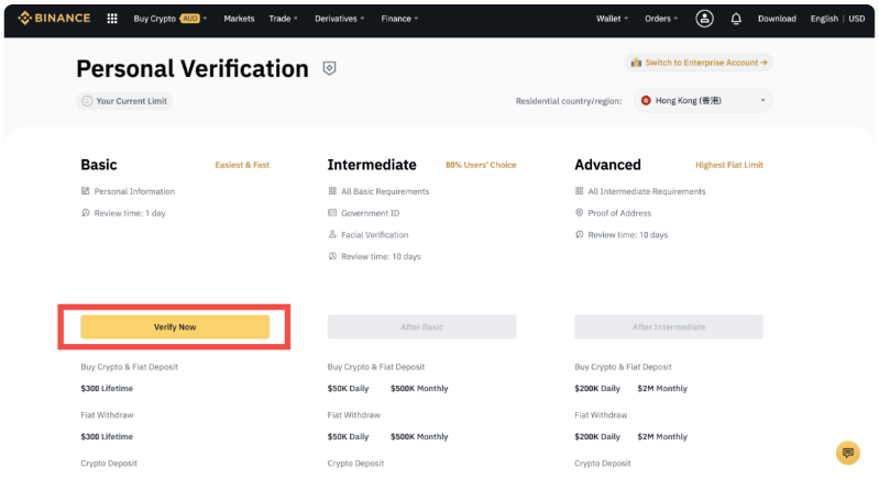 Binance verification levels