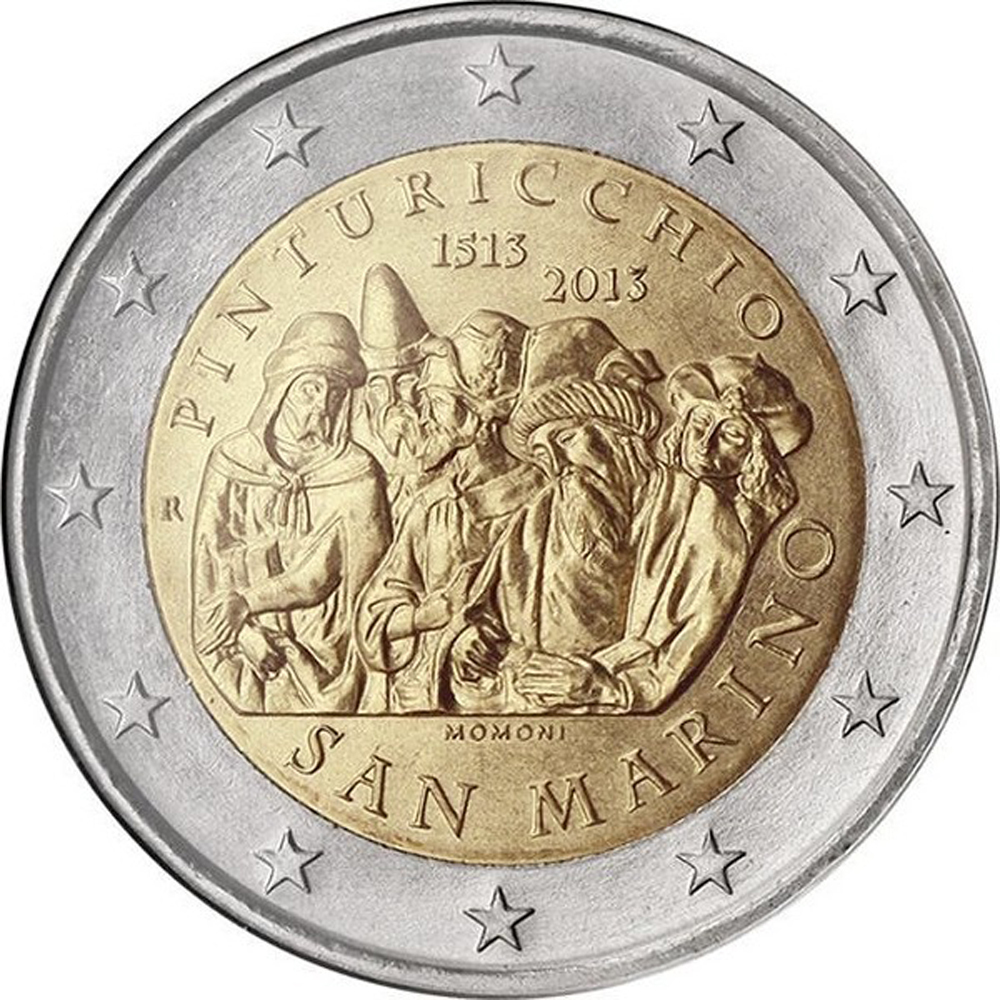 Сан марино 2. Сан Марино 2 евро 2013 Пинтуриккьо. Монеты 2 евро Сан Марино. Монета 2 евро 2013 Сан Марино. Сан Марино монеты 2 евро юбилейные.