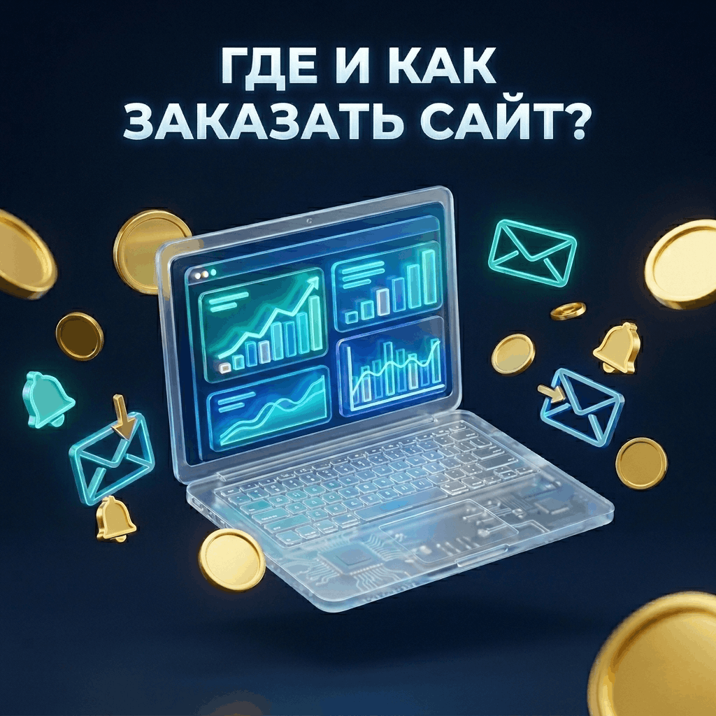 Где и как заказать сайт: объемный 3D-ноутбук из матового стекла со светящимся интерфейсом и белым текстом на темно-синем фоне.