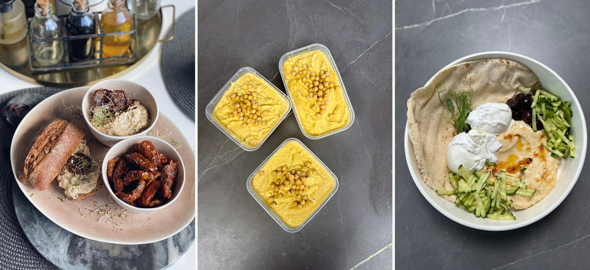 Три изображения с разнообразными блюдами. На первом фото — бутерброд с мясом и соусом, хумус и жареные томаты. На втором — порции хумуса с горошком в контейнерах. На третьем — тарелка с хумусом, яйцом пашот, свежими огурцами, зеленью и лепешкой. Рецепты для здорового и сбалансированного питания, идеально подходящие для вегетарианцев.