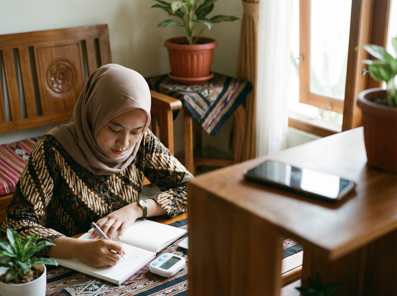 Belajar menulis di rumah dengan ponsel diletakkan jauh agar fokus tetap terjaga