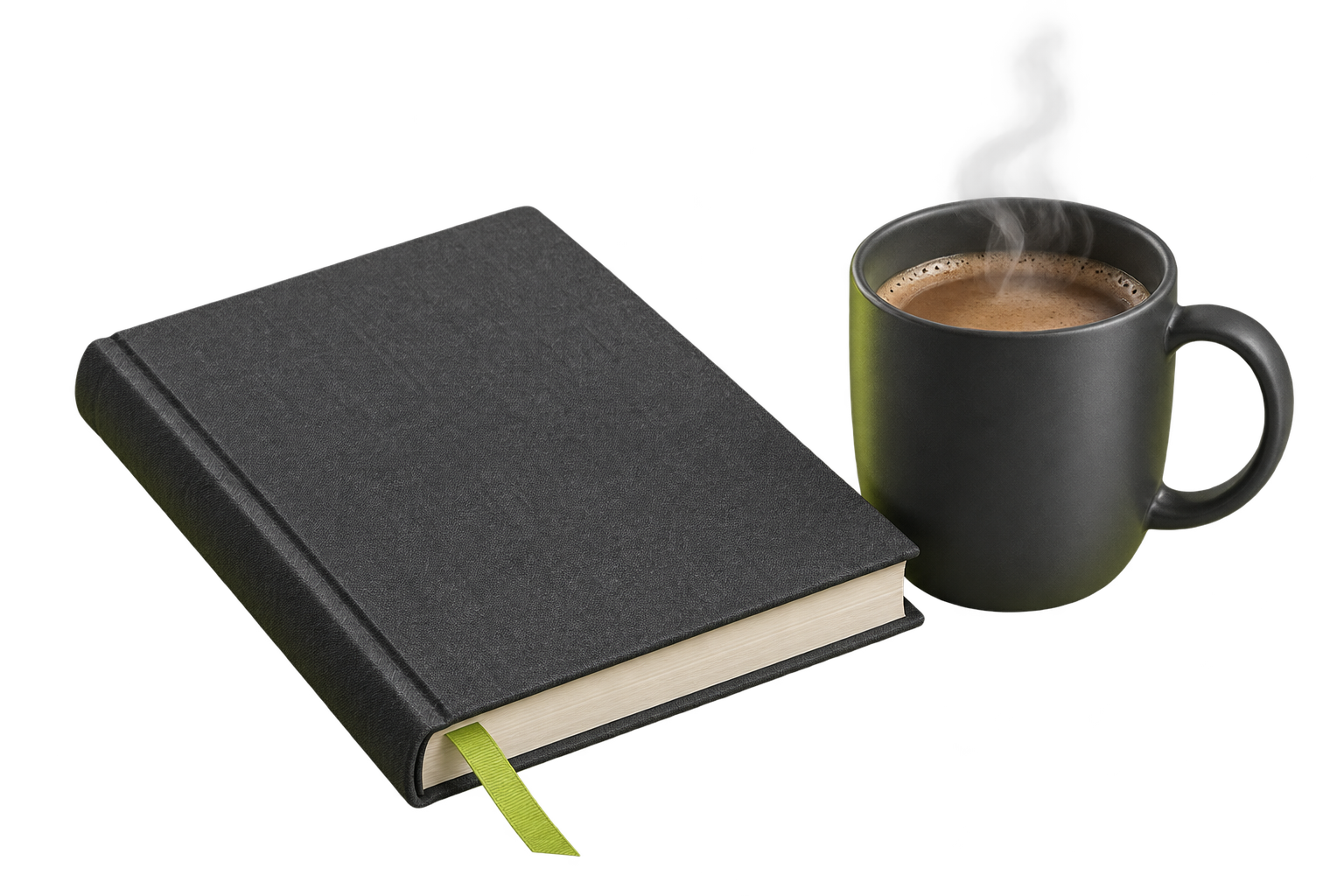 Закрытая книга с лаймовой закладкой и керамическая чашка.