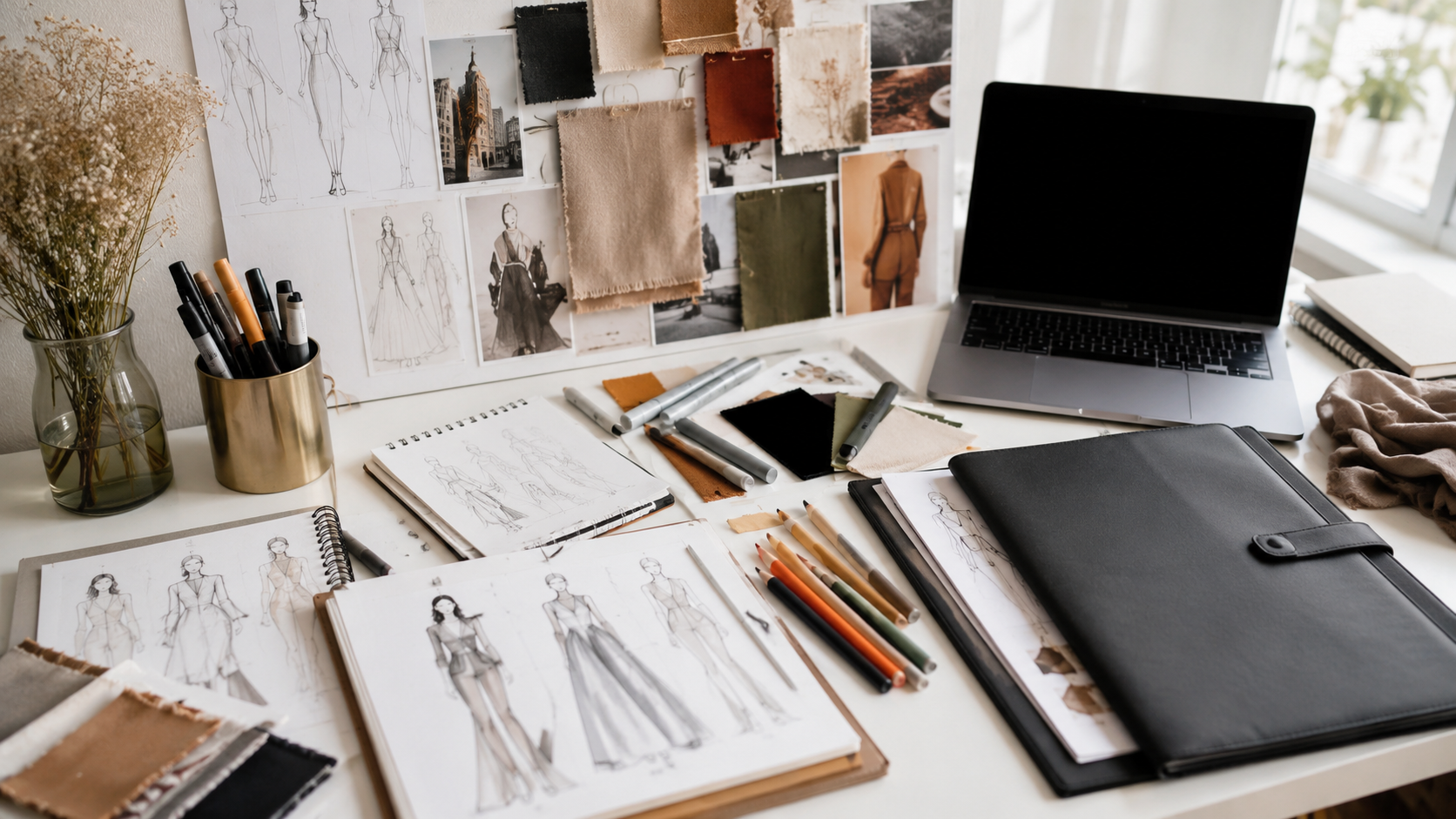 Fashion portfolio desk with sketches, fabric swatches, mood boards, and art supplies for fashion college preparation.