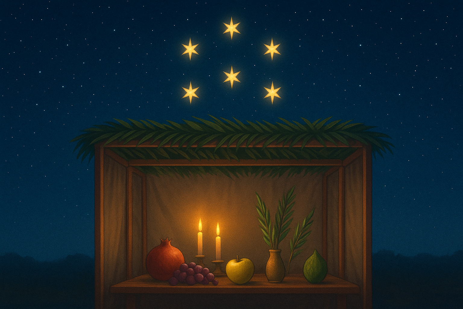 Сукка под звездным небом � Внутри горят свечи �, на столе остаются плоды �� и стоят четыре вида растений �. Над суккой мягко сияют семь звезд ✨ - как символ семи праотцев.