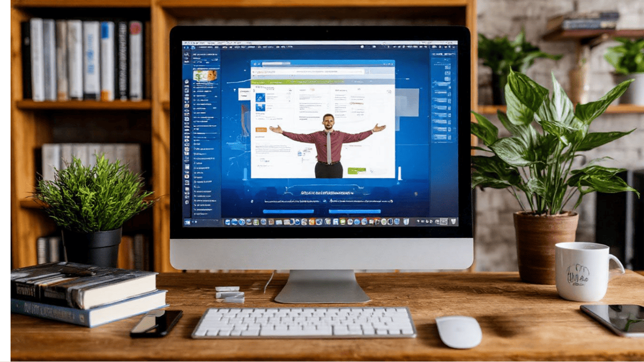Стол с компьютером на мониторе которого мужчина с разведенными в стороны руками