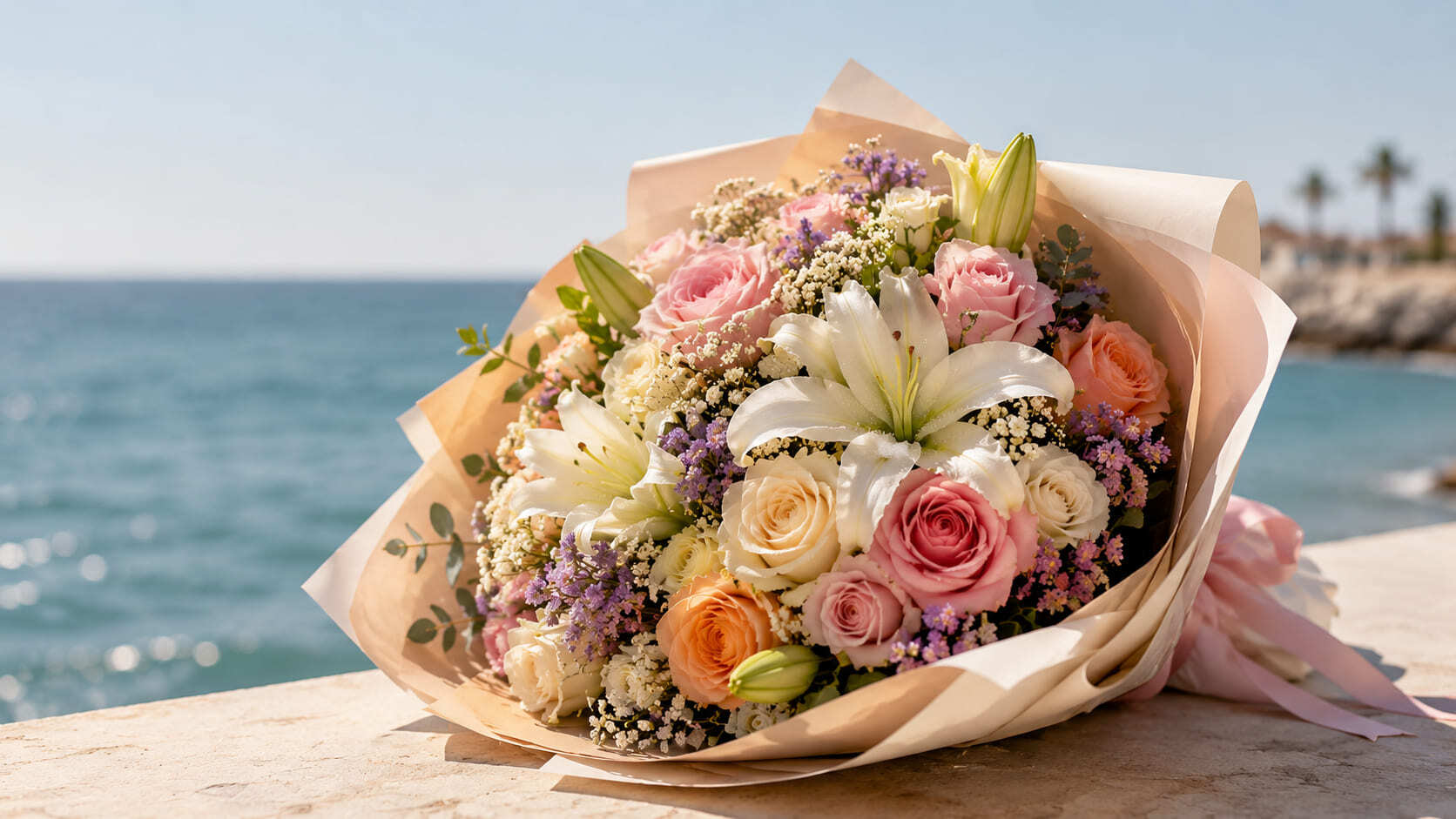 Luxury summer bouquet with roses and lilies for summer flower delivery in Morocco
